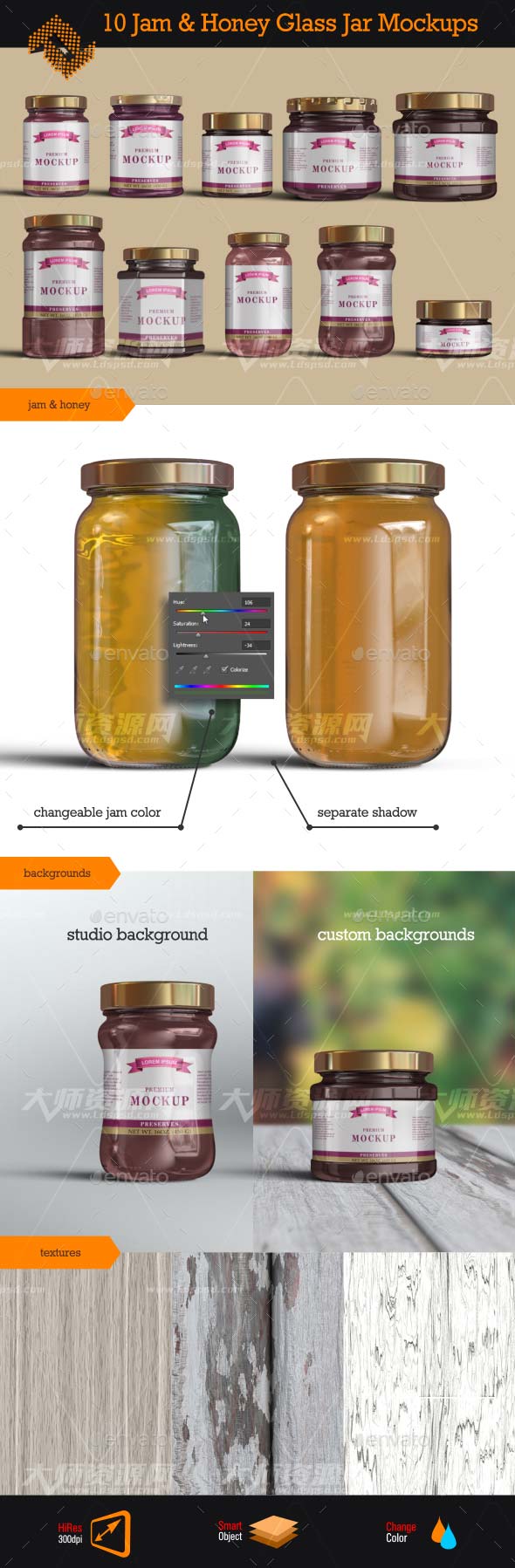 10 Jelly Jam Honey Jars Mockup,10个果冻/果酱或蜂蜜罐子模型